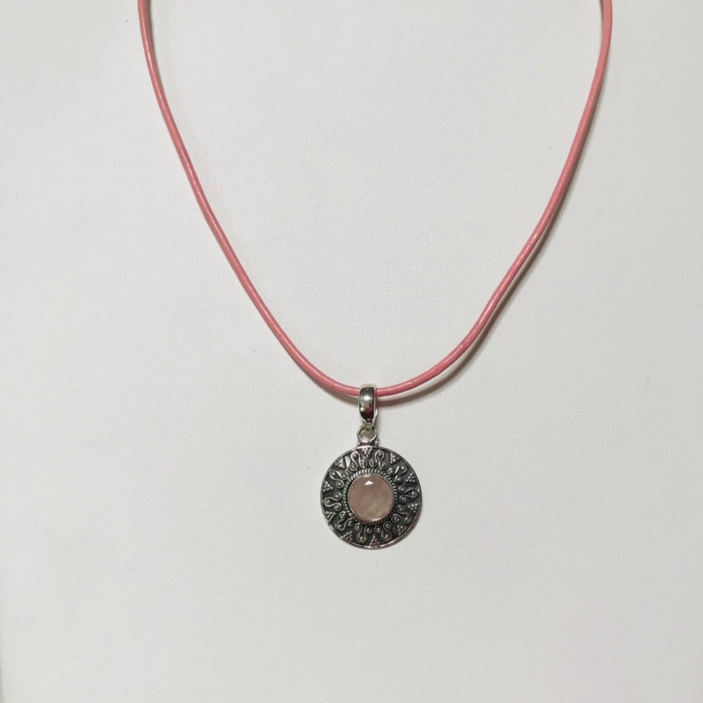 Rose Quartz, Sterling Silver, Pink Leather Braid - Picture 4 of 5